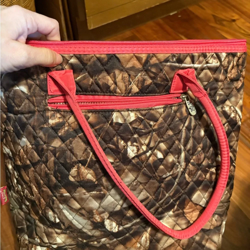 N.Gil Quilted Camo Tote Bag‎ w/ Matching Cosmetic Pouch Pink Trim euc
